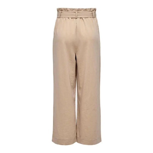 Beige high-waisted belted pants featuring a wide-leg design for stylish comfort