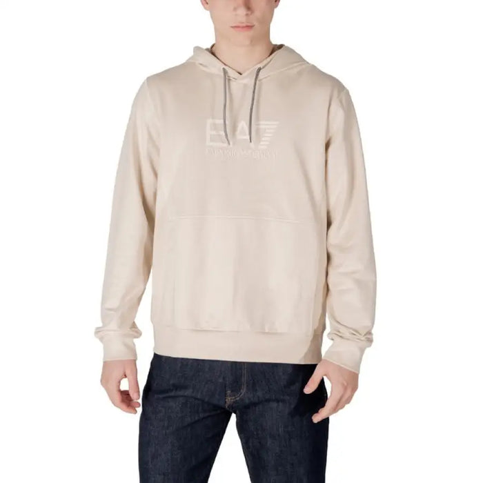 Beige hooded sweatshirt featured in Ea7 Men Blue Printed Hood Sweatshirt collection