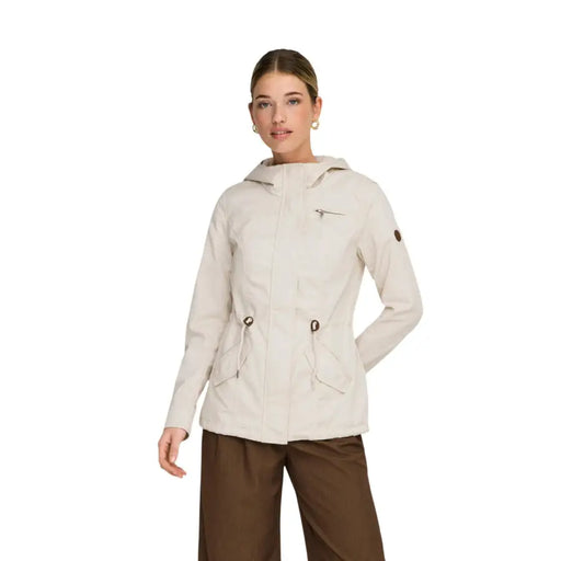 Beige waterproof hooded zip blazer for women with drawstring pockets and subtle brand logo on the chest