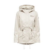 Blazer beige à capuche zippé pour femme, avec taille ajustable par cordon et poches