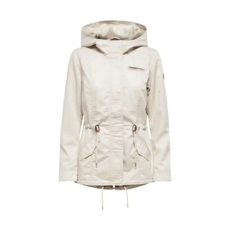 Blazer beige à capuche zippé pour femme, avec taille ajustable par cordon et poches