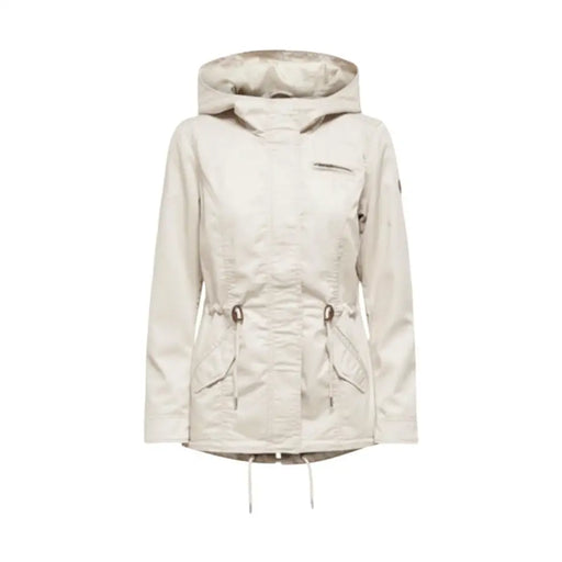 Blazer beige à capuche zippé pour femme, avec taille ajustable par cordon et poches