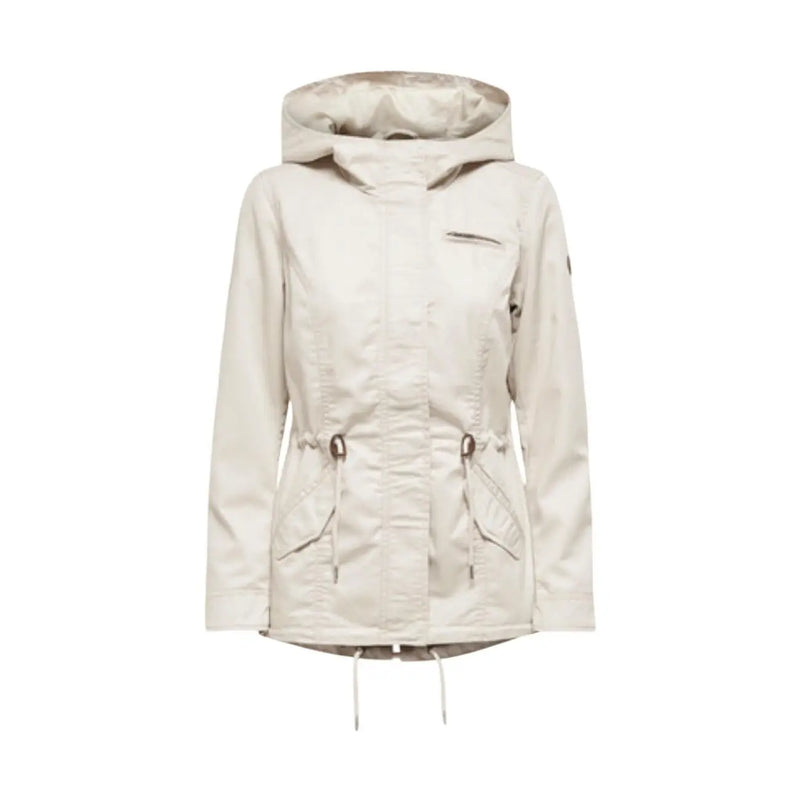 Beige hooded zip blazer for women with drawstring waist and side pockets made from lightweight fabric