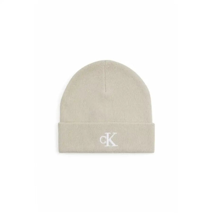 Beige knit beanie with CK logo from Calvin Klein Men’s Fall/Winter Collection