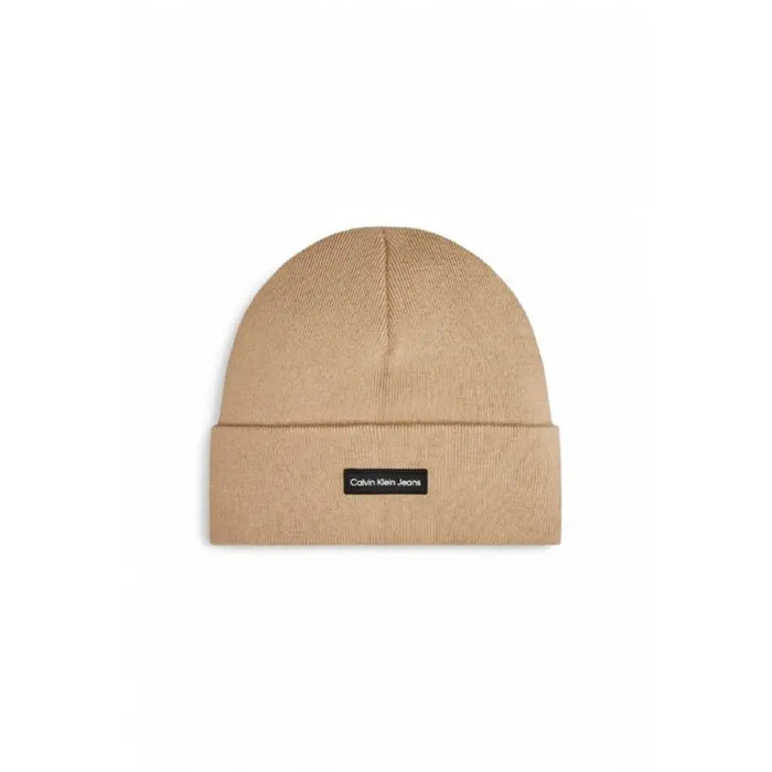 Beige knit beanie displayed with Calvin Klein Men’s Black Slip-On Cap 100% Polyester
