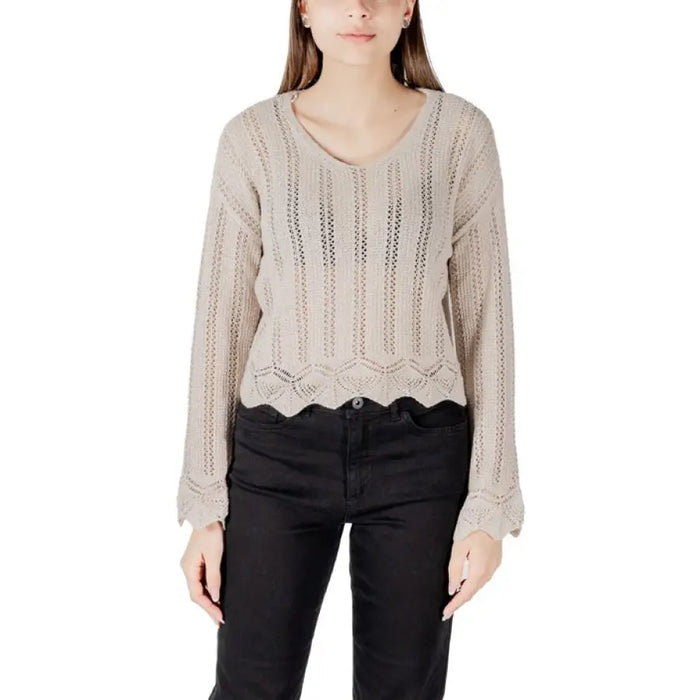 Beige knit sweater with black pants, Taupe Long Sleeved Open Knit Sweater for Women