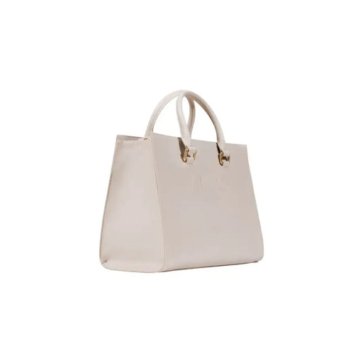 Beige Liu Jo shoulder handbag with leather tote, top handles, gold hardware, zip, and pockets