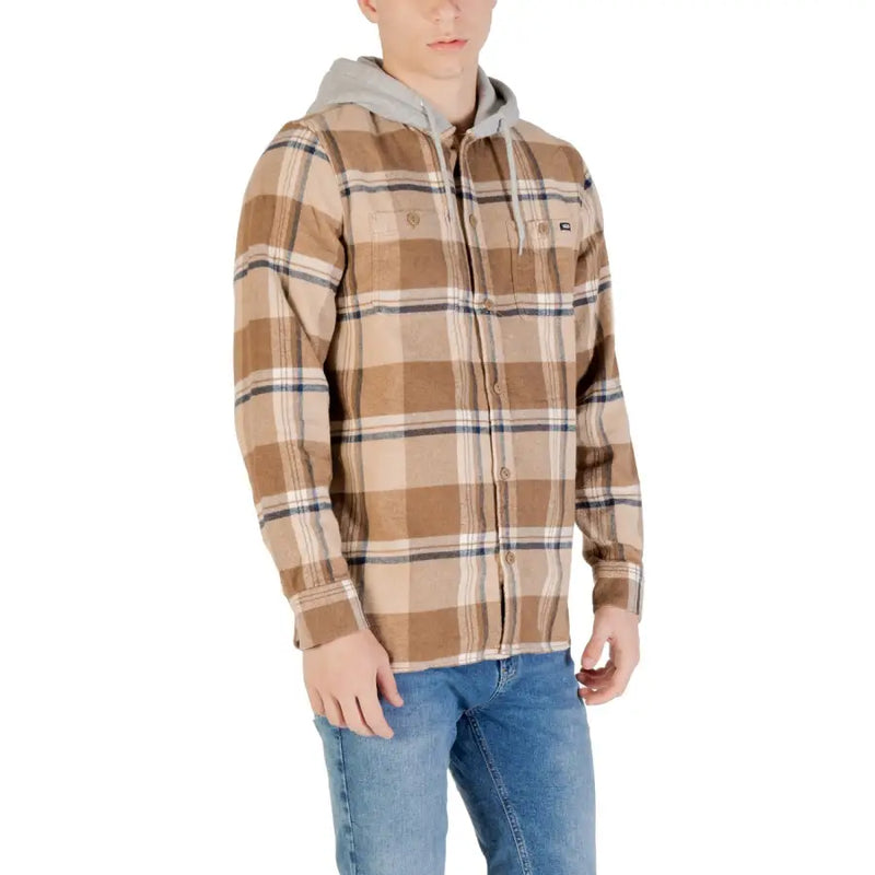 Men’s long-sleeve plaid flannel shirt with grey hood from Vans, beige long hooded cotton shirt
