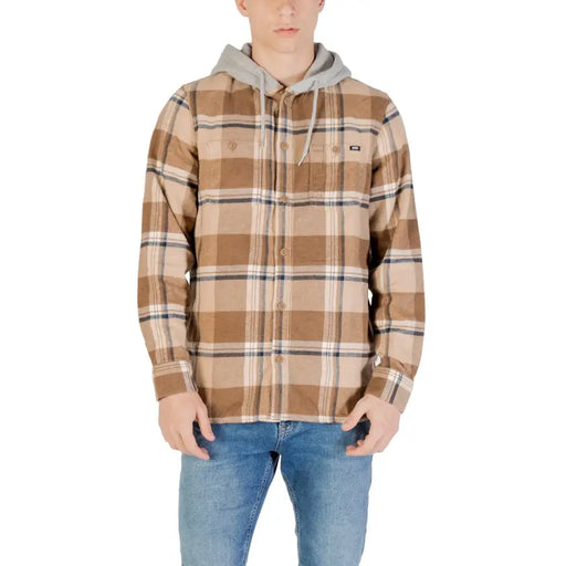 Men’s brown and tan plaid flannel shirt with attached gray hood from Vans