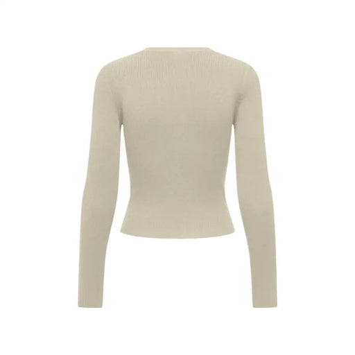 Haut court à manches longues et col en V en maille côtelée beige top vue de dos du cardigan