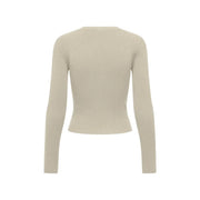 Beige ribbed knit long-sleeved crop top featuring a v neck and button details for women