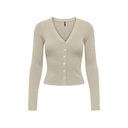 Beige long sleeve v neck button cardigan for women made of ribbed knit material with a button front closure