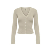 Cardigan beige à manches longues, col en V et boutons en maille côtelée pour femme