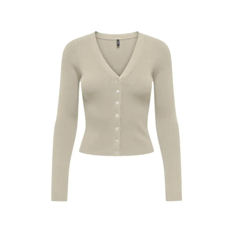 Cardigan beige à manches longues, col en V et boutons en maille côtelée pour femme