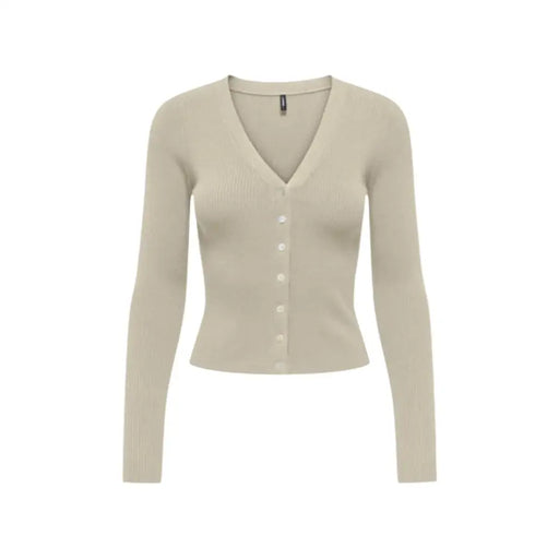 Cardigan beige à manches longues, col en V et boutons en maille côtelée pour femme