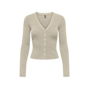 Beige long sleeve v-neck button ribbed knit cardigan for women