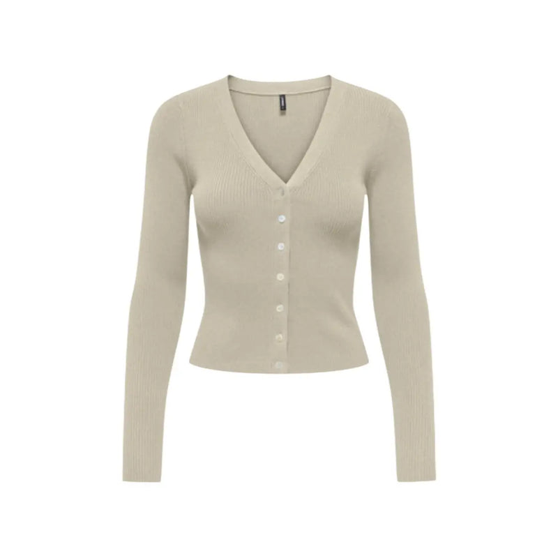 Beige long sleeve v-neck button ribbed knit cardigan for women