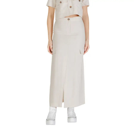 Beige maxi skirt with front slit, displayed in Black Maxi Skirt with Front Slit Product Image