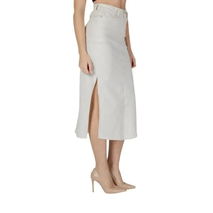 Beige midi skirt with side slit from Vila Clothes featuring zip and button closure