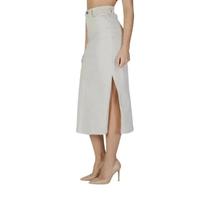 Beige midi skirt with side slit from Vila Clothes featuring zip and button closure
