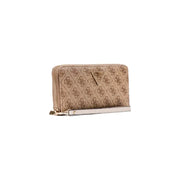 Beige patterned zip-around wallet with intricate design and secure closure