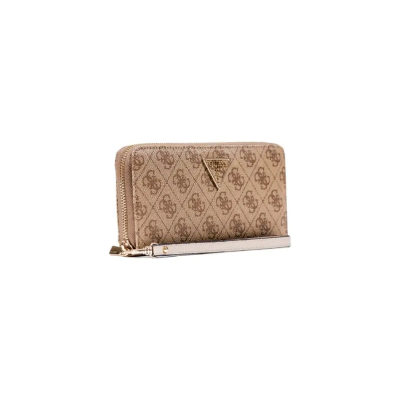 Beige patterned zip-around wallet with intricate design and secure closure