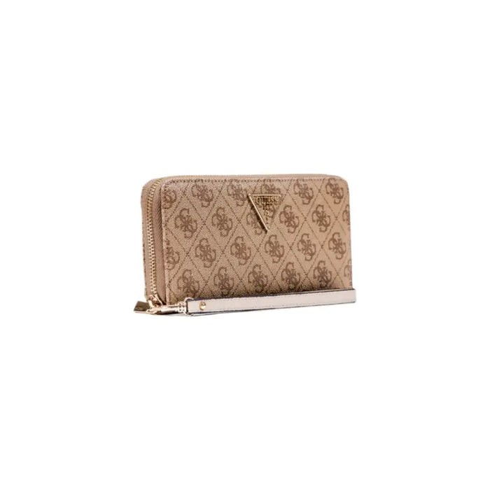 Beige patterned zip-around wallet with intricate design and secure closure