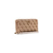 Beige patterned zip-around wallet with intricate design and secure closure