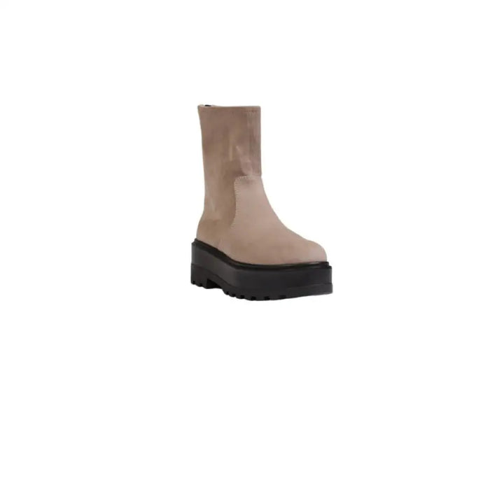 Beige suede platform ankle boot displayed on product page