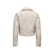 Beige polyester long blazer with zip and v neck for women featuring faux leather cropped moto style with structured shoulders