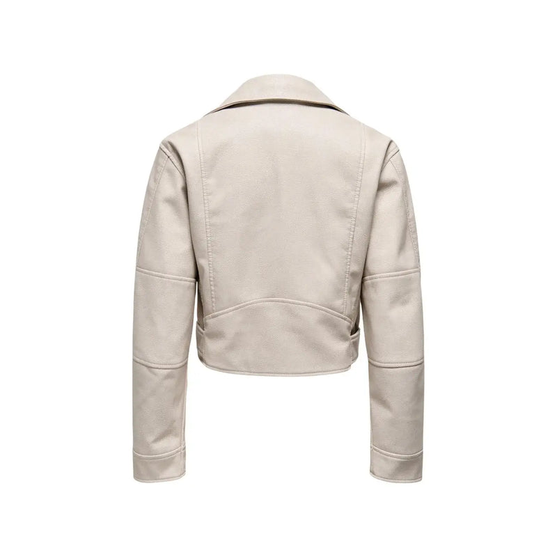 Beige polyester long blazer with zip and v neck for women featuring faux leather cropped moto style with structured shoulders