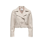 Beige faux leather biker jacket with silver zippers and matching belt paired with beige polyester long blazer with zip and v neck for women