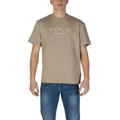 Beige Replay Logo T Shirt with graphic logo displayed on the front