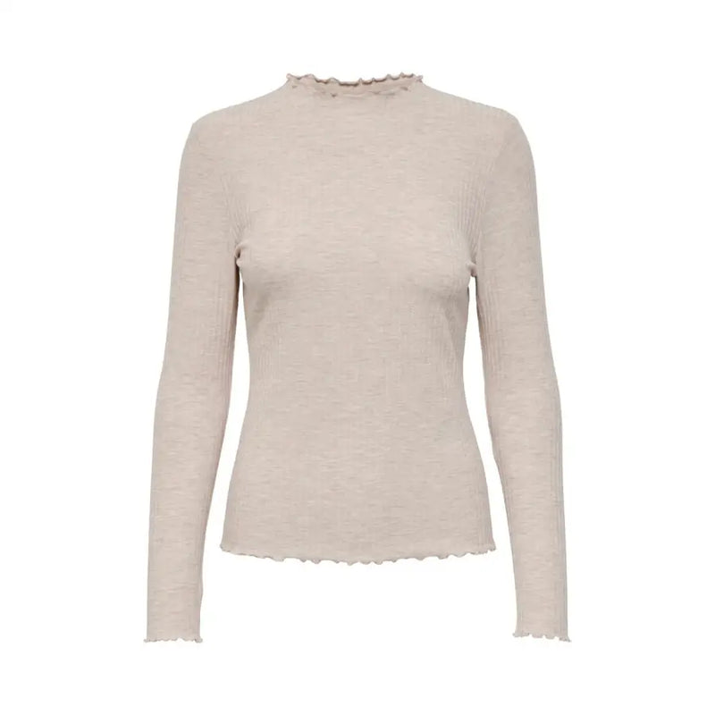 Beige ribbed knit long-sleeved top with ruffled high neckline and hem for women in a round neck sweater style
