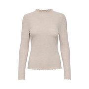 Beige ribbed knit long-sleeved top with ruffled high neckline and hem for women in a round neck sweater style