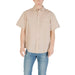 Beige short-sleeved button-down shirt displayed with Men White Short Sleeved Button Down Shirt and Khaki Pants