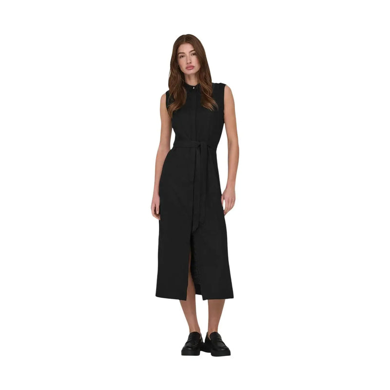Beige sleeveless linen viscose midi dress with high neckline and self-tie belt