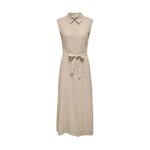 Robe beige sans manches en lin et viscose, avec ceinture, col et taille nouée