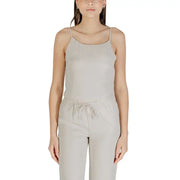 Light gray sleeveless polyester jumpsuit with spaghetti straps and drawstring waist for women