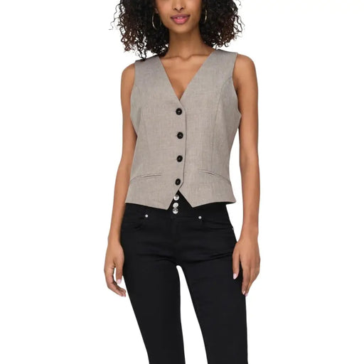 Gilet beige sans manches à col en V pour femme, gilet texturé gris clair avec boutons noirs