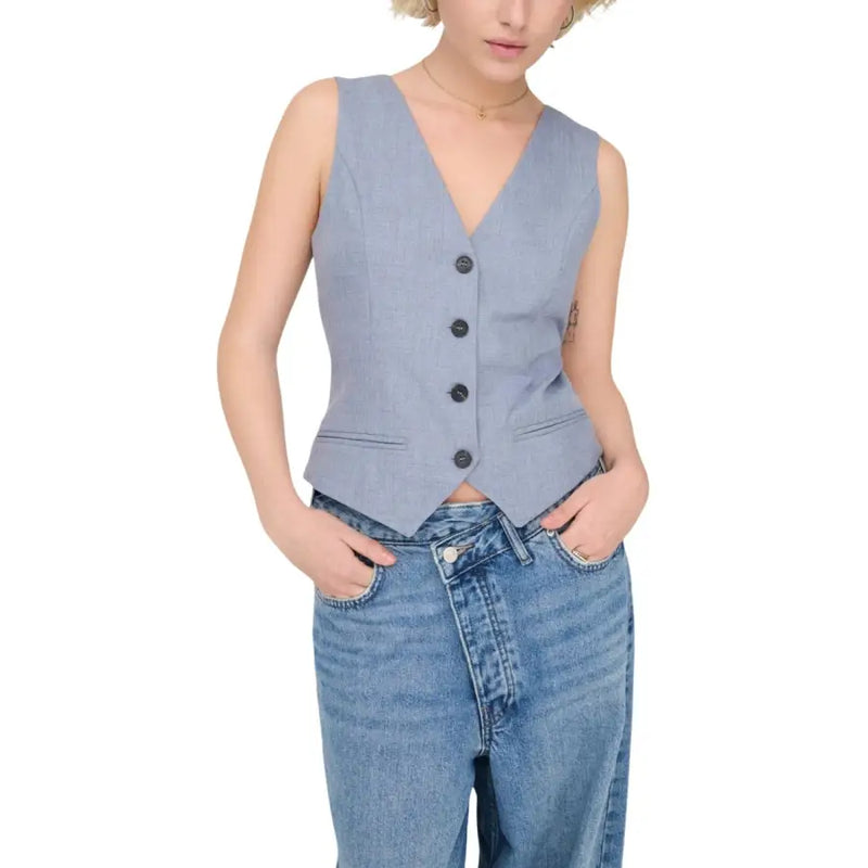 Gilet sans manches bleu clair à col en V pour femme avec boutons foncés