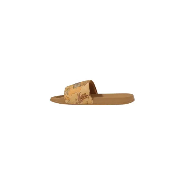 Beige slide sandal featuring a stylish map pattern for casual wear