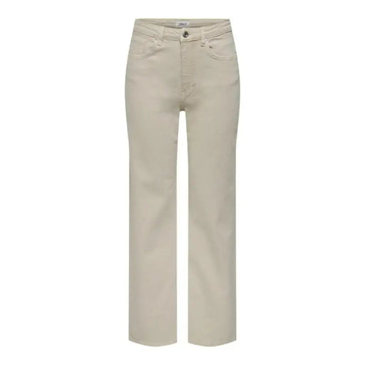 Beige straight-leg jeans paired with a women’s brown long sleeve shirt