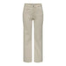 Beige straight-leg jeans paired with a women’s brown long sleeve shirt