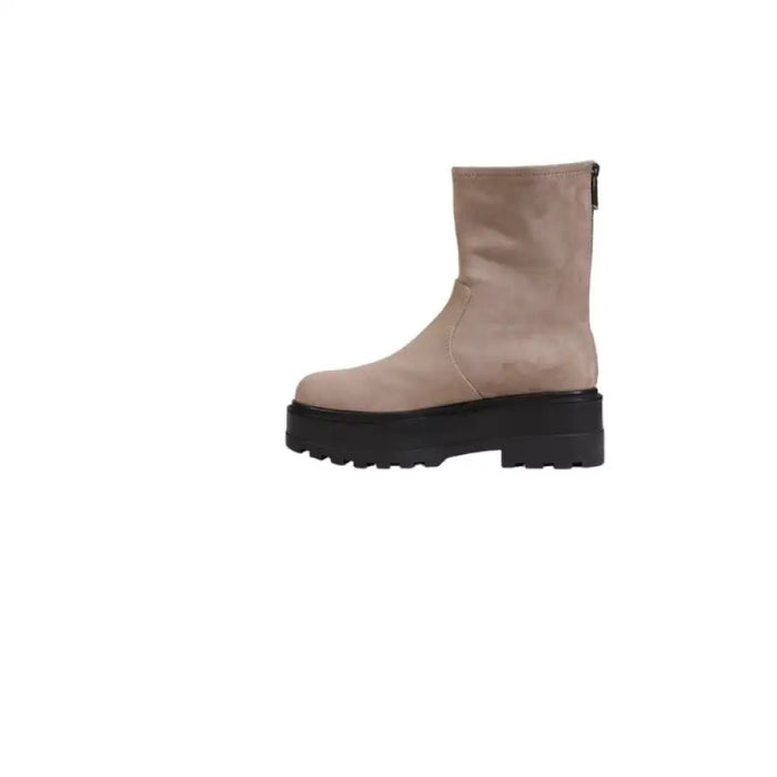 Beige suede ankle boot with black platform sole from the Beige Suede Platform Boot collection