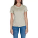 Calvin Klein Jeans Women T-Shirt: Beige tee with logo, worn by model in blue jeans