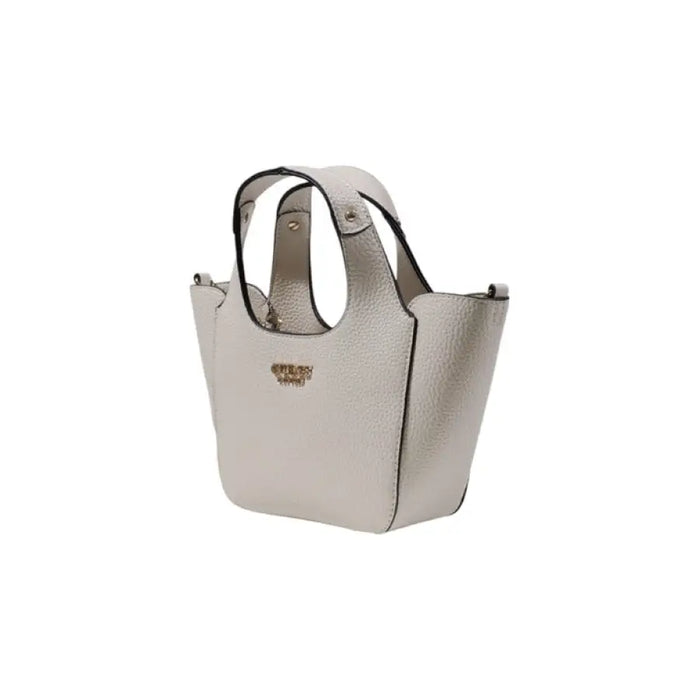 Beige textured Guess handbag with handles, designed in beige and light gray tones