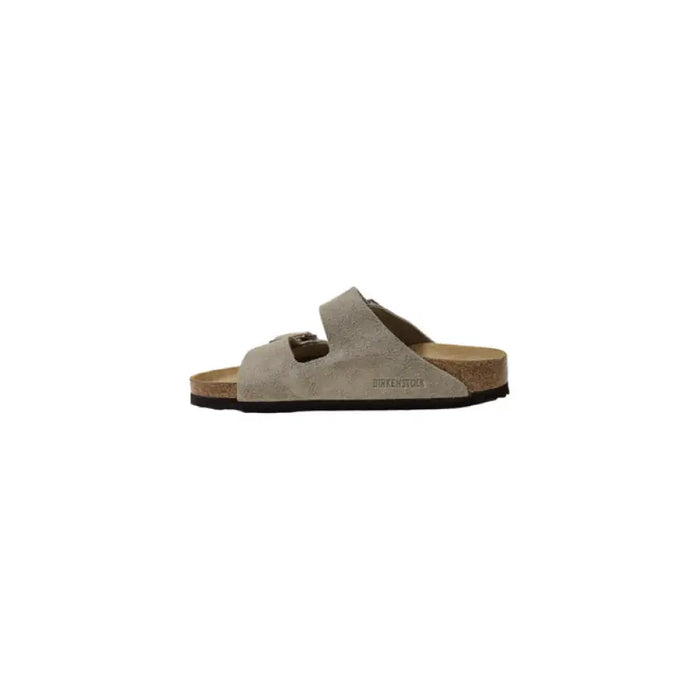 Beige two-strap Taupe Suede Birkenstock Sandal displayed on a white background
