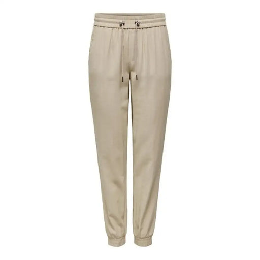 Beige viscose blend trousers with drawstring waistband and elastic cuffs for women