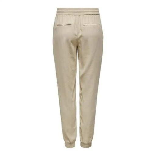 Beige viscose blend jogger trousers with laces, relaxed fit, elastic waist, tapered legs